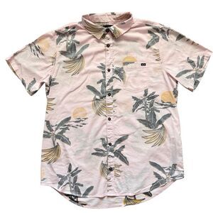 Billabong Hawaiian Shirt Mens Sz L Pink Short Sleeve Button Up Banana Trees Sun